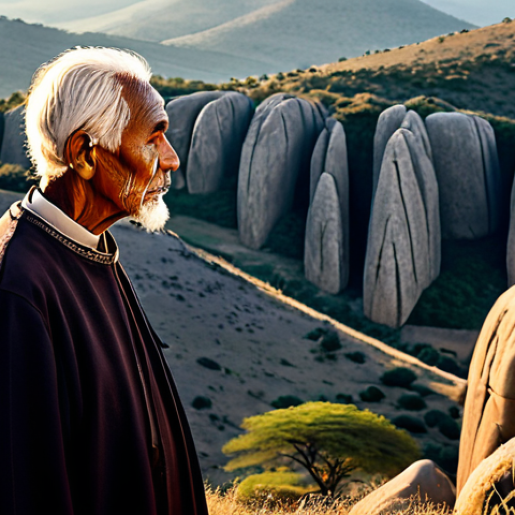 A wise elderly Shona spiritual elder, fully clothed in modest, traditional attire, stands contemplatively amidst the colossal, ancient granite formations of the Matopos Hills at sunrise. The scene emphasizes perfect anatomy, correct proportions, and a natural pose, with well-formed hands and proper finger count. The atmosphere is serene and mystical, reflecting a deep connection to the sacred echoes of ancestors. Professional photography, high quality, safe for work, appropriate content, family-friendly.