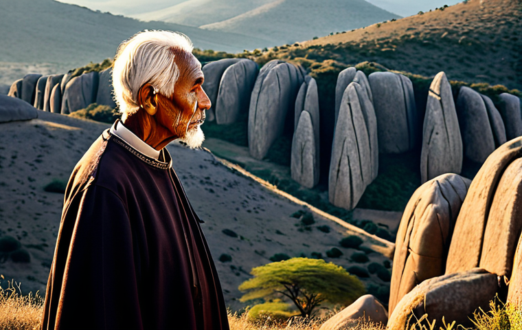 A wise elderly Shona spiritual elder, fully clothed in modest, traditional attire, stands contemplatively amidst the colossal, ancient granite formations of the Matopos Hills at sunrise. The scene emphasizes perfect anatomy, correct proportions, and a natural pose, with well-formed hands and proper finger count. The atmosphere is serene and mystical, reflecting a deep connection to the sacred echoes of ancestors. Professional photography, high quality, safe for work, appropriate content, family-friendly.