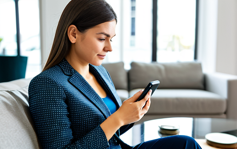 A professional woman, fully clothed in modest business casual attire, is seated comfortably in a modern, brightly lit living room. She is focused on a smartphone in her hands, with a serene expression, clearly completing a financial transaction through a digital app. The background is a soft-focus contemporary interior, conveying efficiency and ease. High-resolution, professional photography, perfect anatomy, correct proportions, natural pose, well-formed hands, proper finger count, natural body proportions, realistic, safe for work, appropriate content, fully clothed, professional dress.