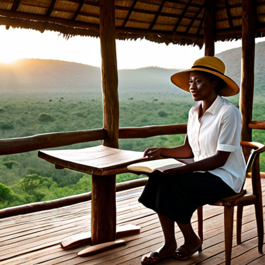 Tranquil Lodge Setting**

"A fully clothed woman, wearing a light, modest hiking outfit and sun hat, sits on the porch of a beautiful eco-lodge in Zimbabwe, overlooking a lush valley at sunset. The lodge is constructed from natural materials, blending seamlessly into the environment. Focus on the serene atmosphere and natural beauty. Include details like comfortable seating, a wooden table with a book, and the soft glow of lanterns. Perfect anatomy, natural proportions, professional photography, safe for work, appropriate content, family-friendly."

**