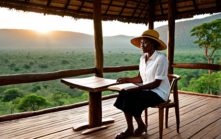 Tranquil Lodge Setting**

"A fully clothed woman, wearing a light, modest hiking outfit and sun hat, sits on the porch of a beautiful eco-lodge in Zimbabwe, overlooking a lush valley at sunset. The lodge is constructed from natural materials, blending seamlessly into the environment. Focus on the serene atmosphere and natural beauty. Include details like comfortable seating, a wooden table with a book, and the soft glow of lanterns. Perfect anatomy, natural proportions, professional photography, safe for work, appropriate content, family-friendly."

**