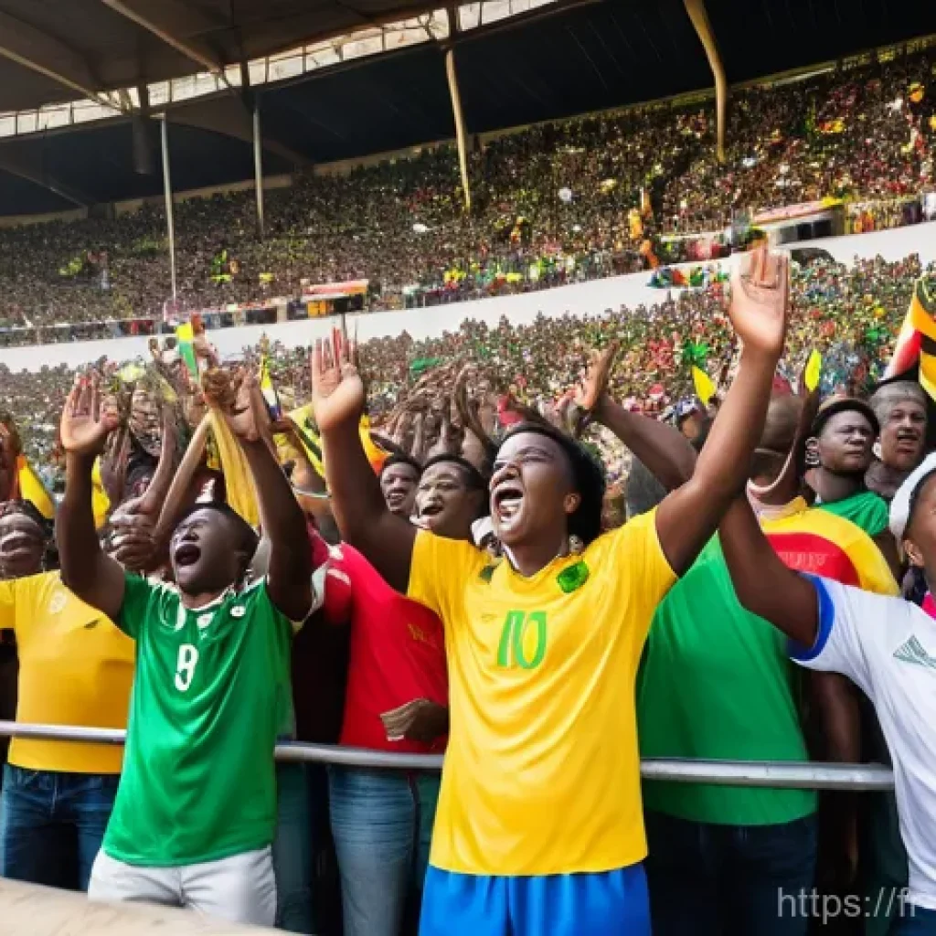 짐바브웨 대표 스포츠 축구 - A vibrant, wide-angle shot of a packed Zimbabwean football stadium during a match. Thousands of enth...