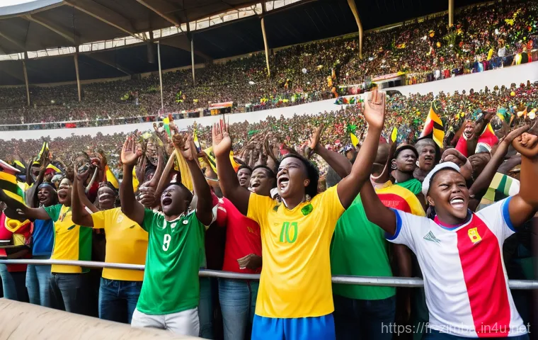 짐바브웨 대표 스포츠 축구 - A vibrant, wide-angle shot of a packed Zimbabwean football stadium during a match. Thousands of enth...