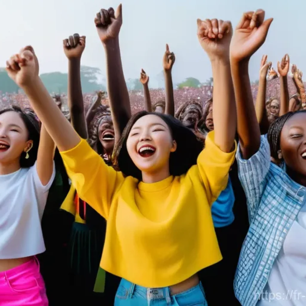 짐바브웨에서 한류의 인기 - **Prompt:** A dynamic and wide-angle shot of a vibrant outdoor K-pop dance festival taking place in ...