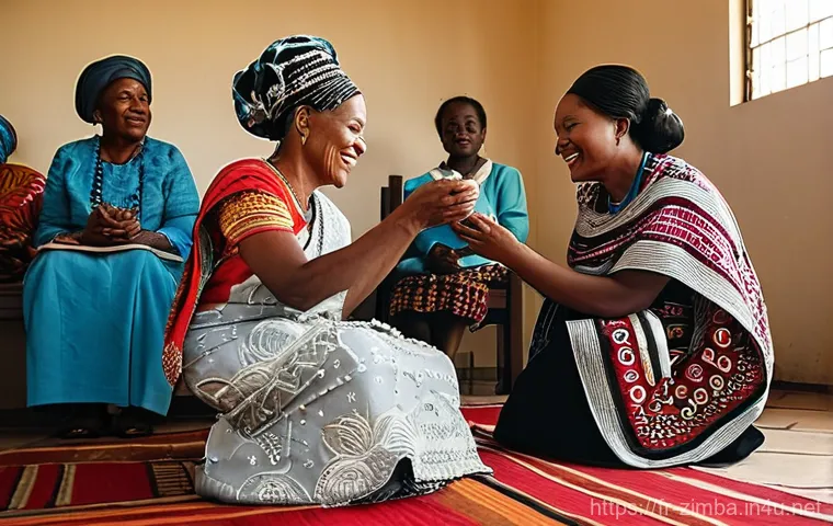 짐바브웨의 독특한 결혼 문화 - **Prompt: "A vibrant scene depicting a Zimbabwean Lobola (dot negotiation) ceremony. Two families, d...