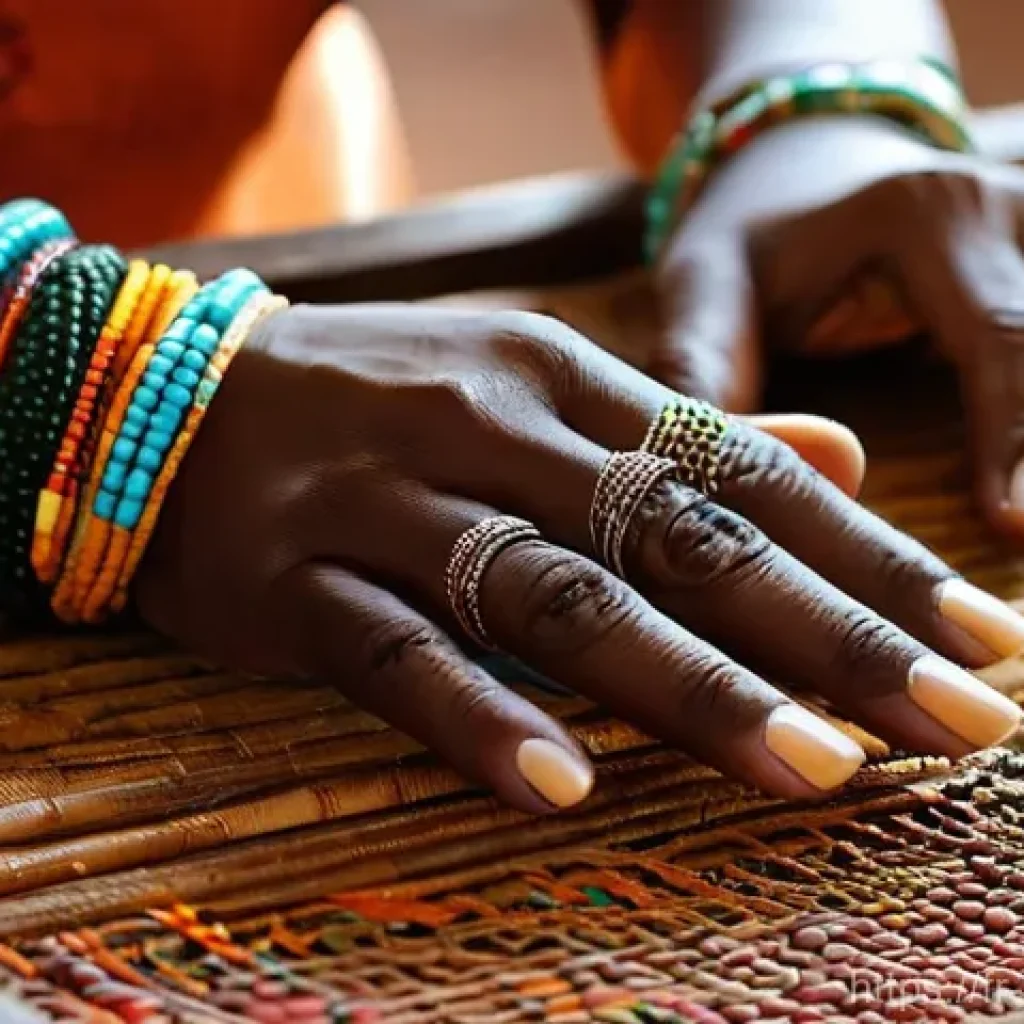 짐바브웨의 전통 보석 디자인 - **Prompt: "A close-up shot of a skilled Zimbabwean artisan's hands, specifically a woman, meticulous...
