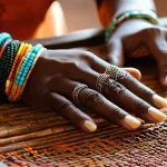 짐바브웨의 전통 보석 디자인 - **Prompt: "A close-up shot of a skilled Zimbabwean artisan's hands, specifically a woman, meticulous...