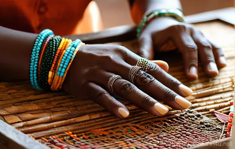 짐바브웨의 전통 보석 디자인 - **Prompt: "A close-up shot of a skilled Zimbabwean artisan's hands, specifically a woman, meticulous...