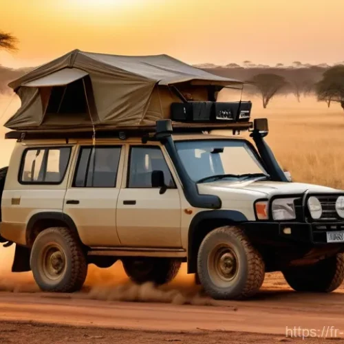 짐바브웨에서 자동차 렌트하기 - **Prompt:** "A rugged 4x4 vehicle, fully equipped with a roof-top tent and spare tires, navigating a...