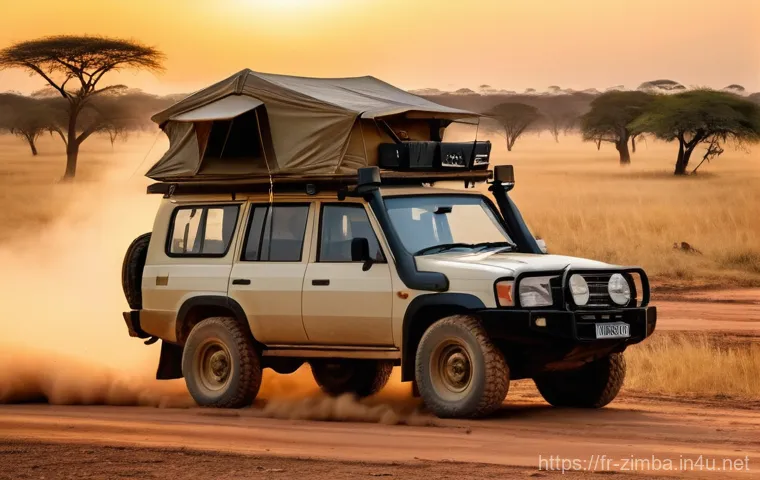 짐바브웨에서 자동차 렌트하기 - **Prompt:** "A rugged 4x4 vehicle, fully equipped with a roof-top tent and spare tires, navigating a...