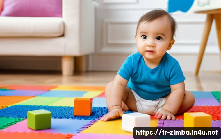 짐바브웨의 최근 정치 상황 - "A toddler wearing a diaper is playing with building blocks on a colorful mat. Soft, natural lightin...