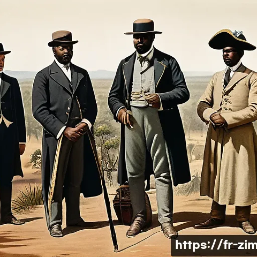짐바브웨 영국 식민지 시대 - A detailed historical scene depicting late 19th century British colonists arriving in Rhodesia, with...