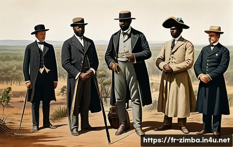 짐바브웨 영국 식민지 시대 - A detailed historical scene depicting late 19th century British colonists arriving in Rhodesia, with...