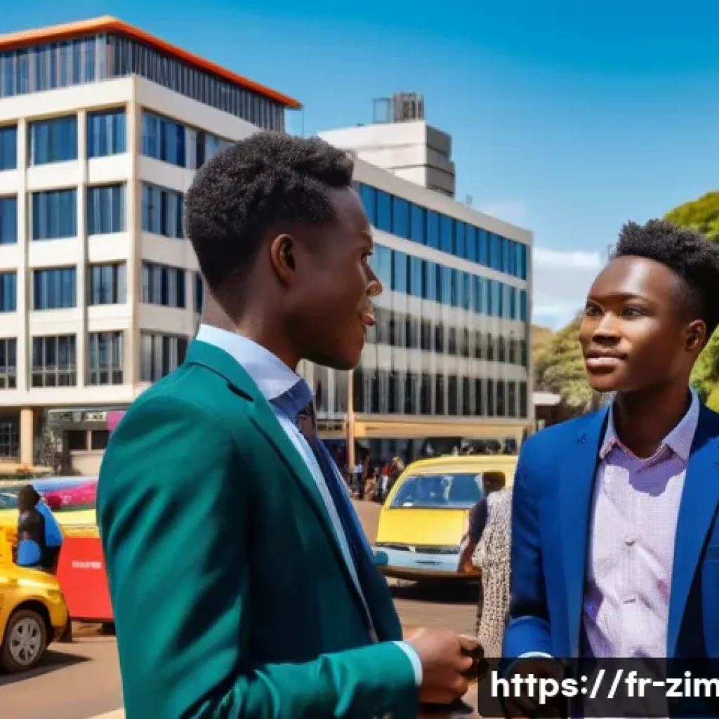 짐바브웨 영어 사용률 - A vibrant urban scene in Harare, Zimbabwe, showing a diverse group of young professionals and studen...