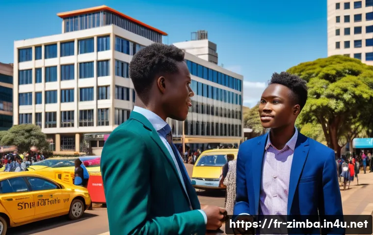 짐바브웨 영어 사용률 - A vibrant urban scene in Harare, Zimbabwe, showing a diverse group of young professionals and studen...
