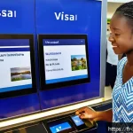 짐바브웨 비자 신청 방법 - A detailed scene of a traveler at a modern airport visa application kiosk, interacting with a touchs...