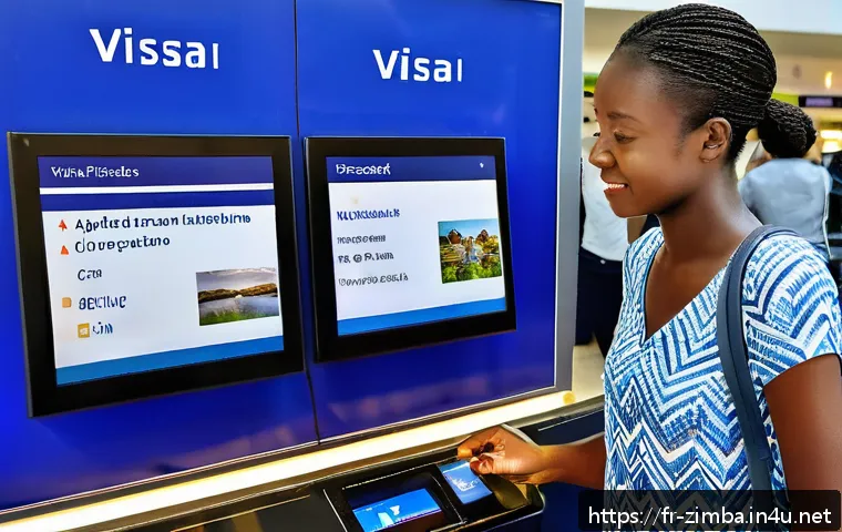 짐바브웨 비자 신청 방법 - A detailed scene of a traveler at a modern airport visa application kiosk, interacting with a touchs...