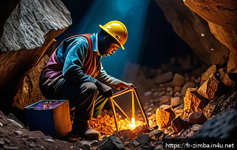 짐바브웨에서 보석 채굴 산업 - A detailed, realistic scene of artisanal miners in Zimbabwe extracting colorful tourmaline crystals ...