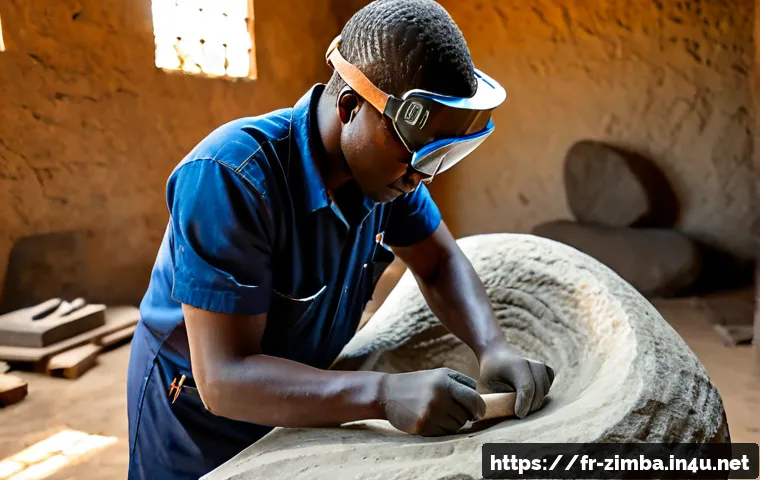짐바브웨 예술가와 조각 작품 - Photorealistic documentary-style portrait of a Zimbabwean stone sculptor in an open-air Harare works...