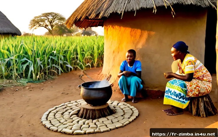 Home 17 짐바브웨의 농촌 생활 체험 - Photorealistic rural Zimbabwe village experience, a welcoming Shona family preparing a maize meal ou...